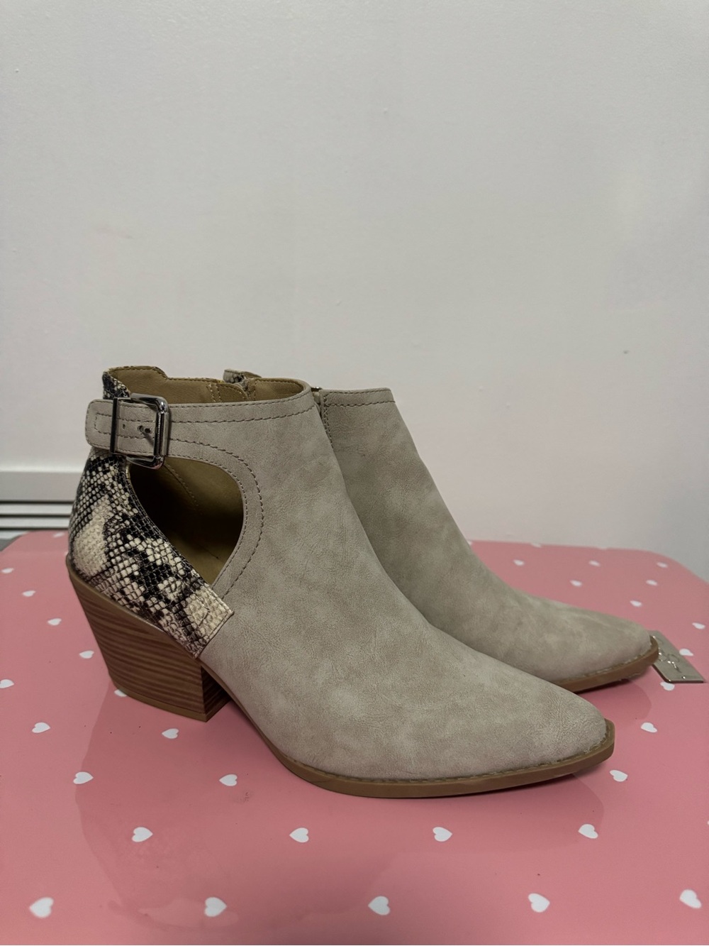 Women's Taupe Cutout Ankle Booties with Snake-Print Heel